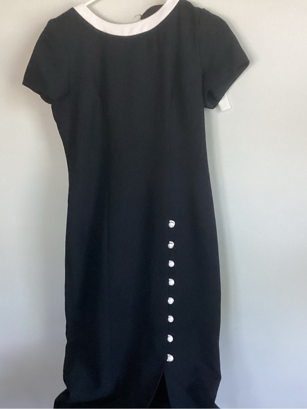 Black Midi Dress with White Trim and Button Detail